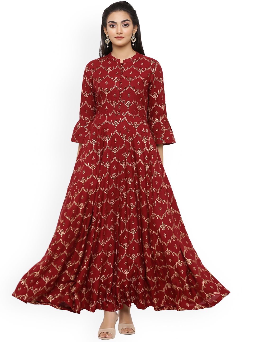 mirari Women Maroon Printed Flared Sleeves Floral Handloom Anarkali Kurta Price in India