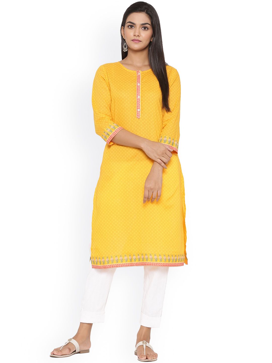 mirari Women Yellow & google chrome yellow Striped Thread Work Floral Handloom Kurta