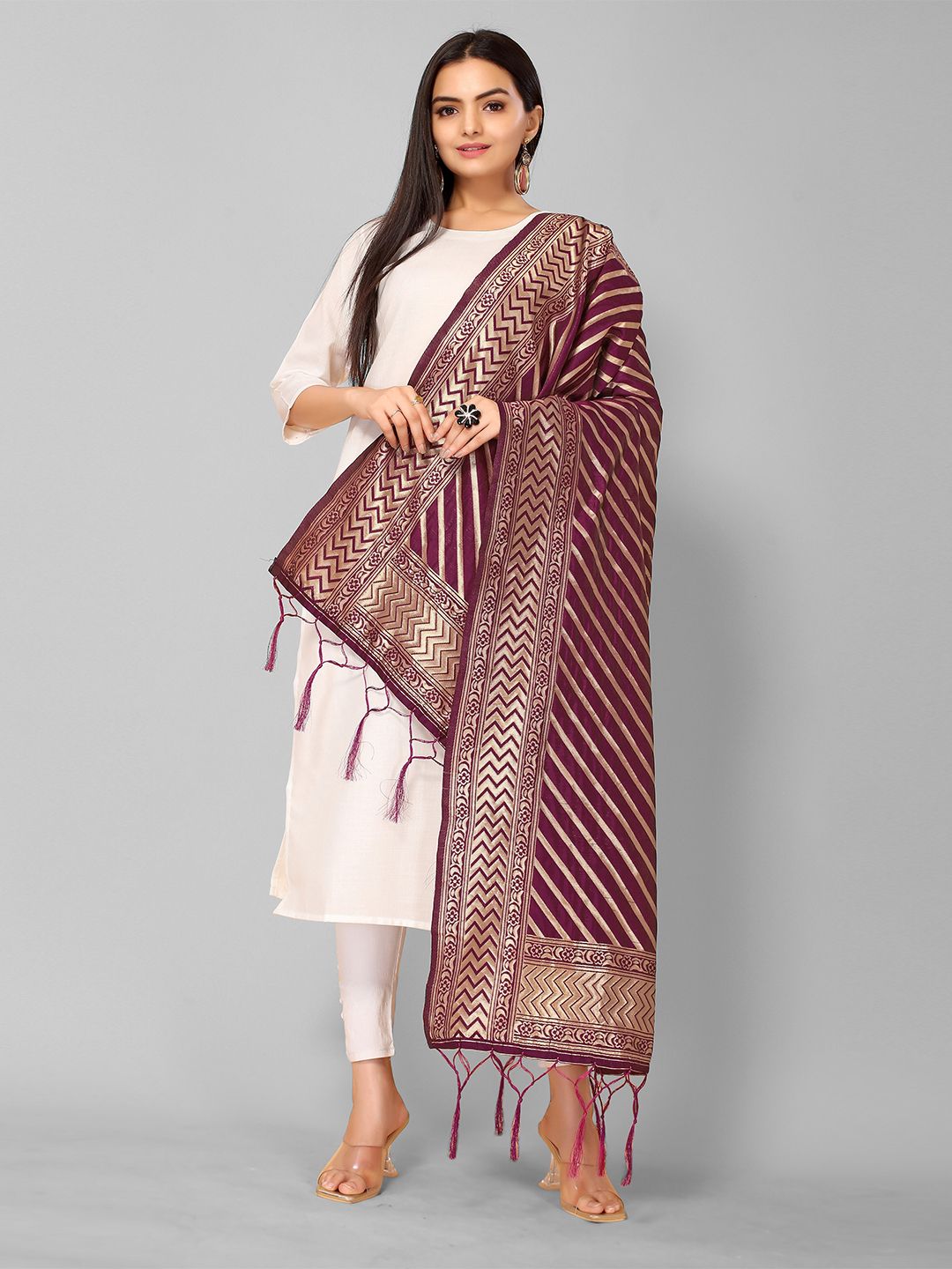 KALINI Purple & Gold-Toned Woven Design Dupatta Price in India