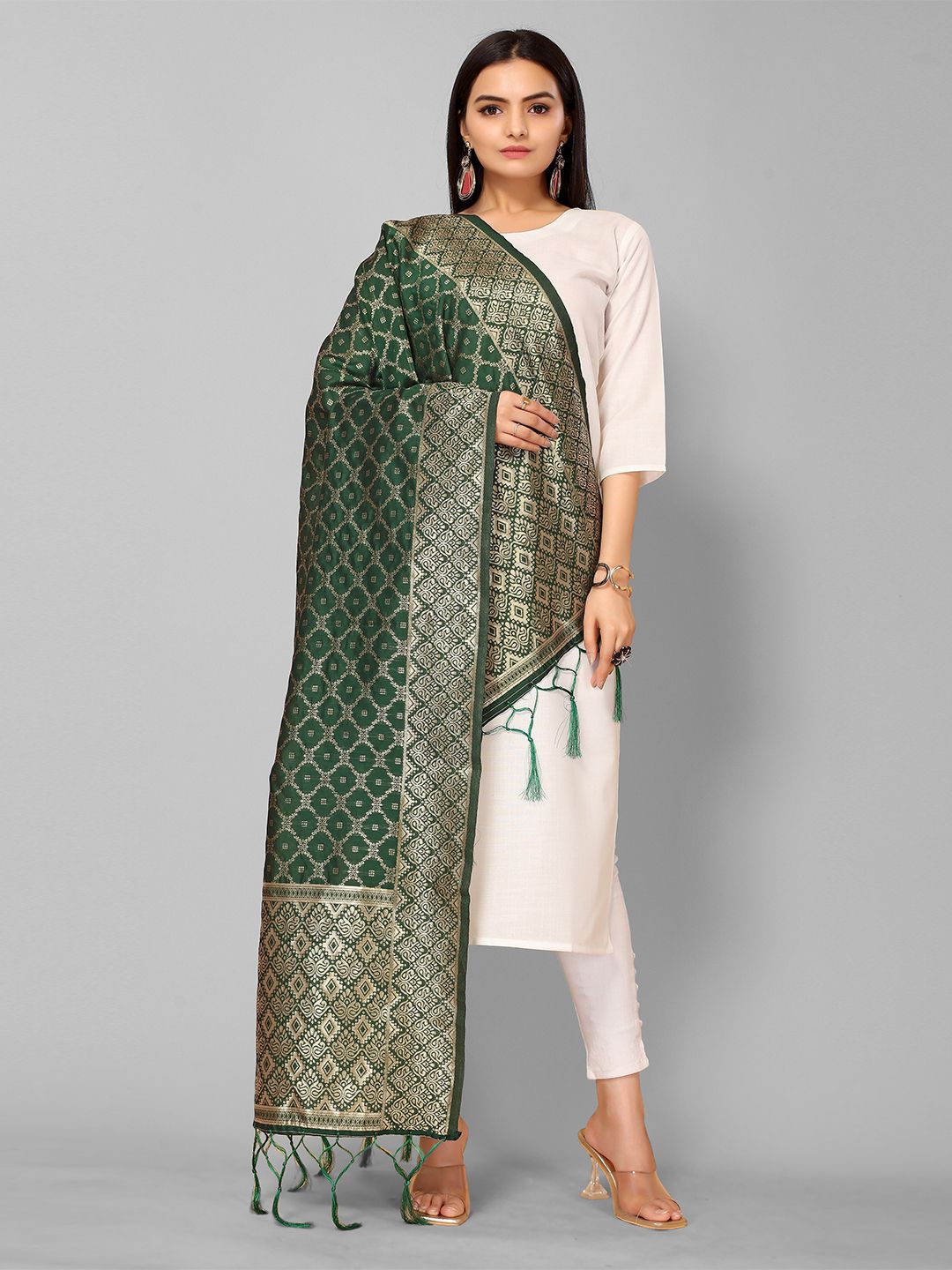 KALINI Green & Gold-Toned Ethnic Motifs Woven Design Dupatta Price in India