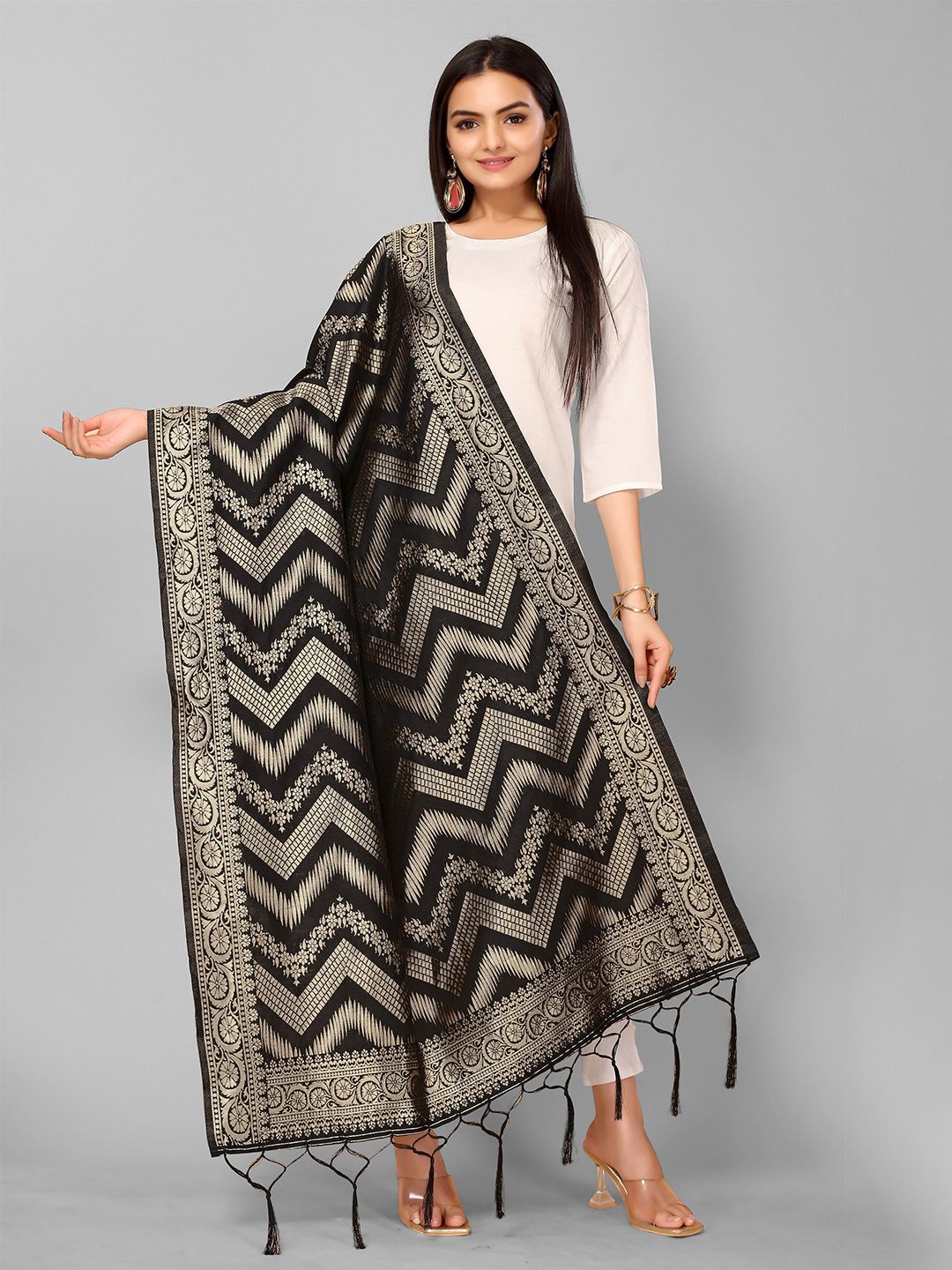 KALINI Black & Gold-Toned Ethnic Motifs Woven Design Dupatta Price in India