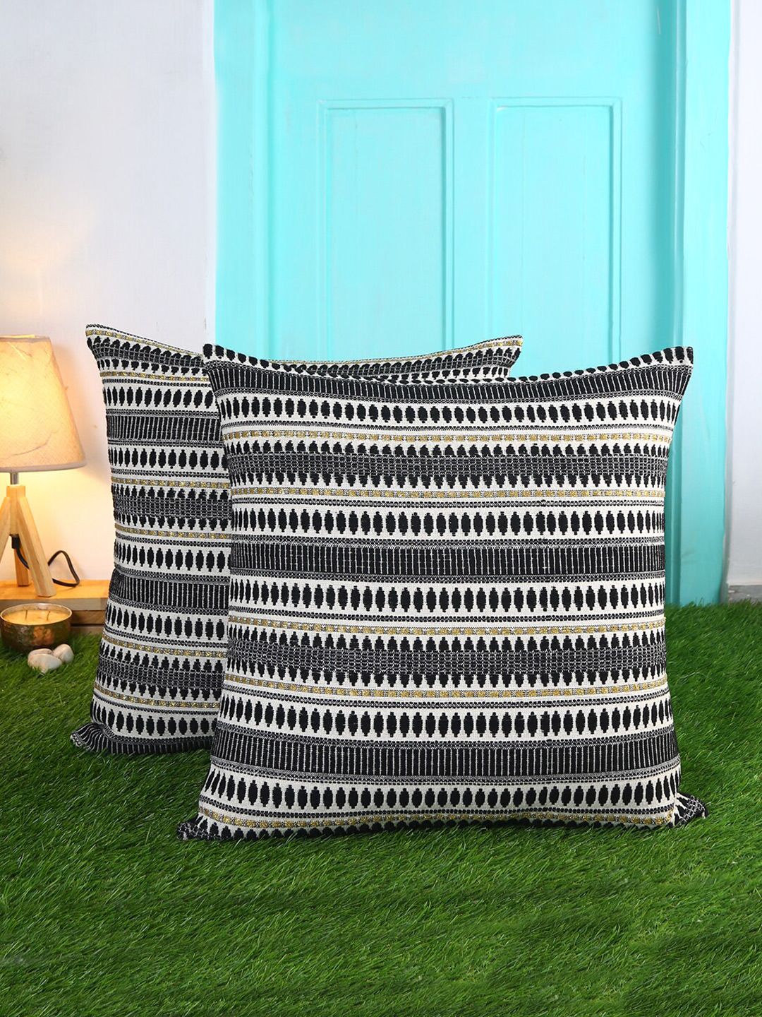 KRAVIKA Black & Grey Set of 2 Embroidered Rectangle Cushion Covers Price in India