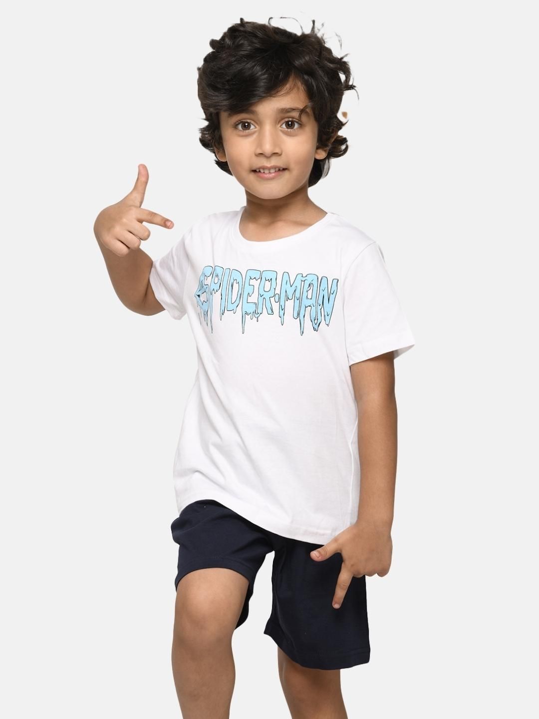 Nap Chief Kids Unisex White & Black Marvel Spiderman Printed T-Shirt With Shorts
