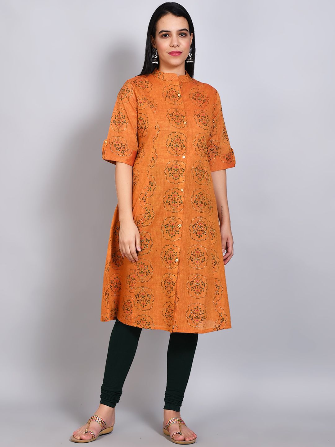 FLAVIDO Women Mustard Yellow Ethnic Motifs Printed Thread Work Kurta Price in India