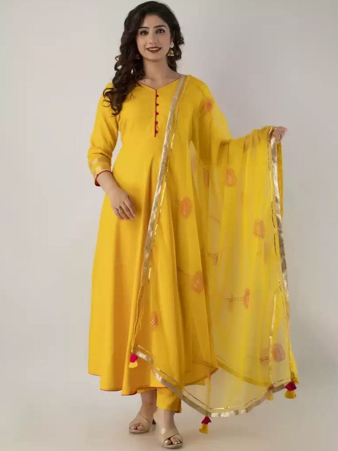 Meeranshi Women Yellow Striped Panelled Gotta Patti Kurti with Trousers & With Dupatta Price in India