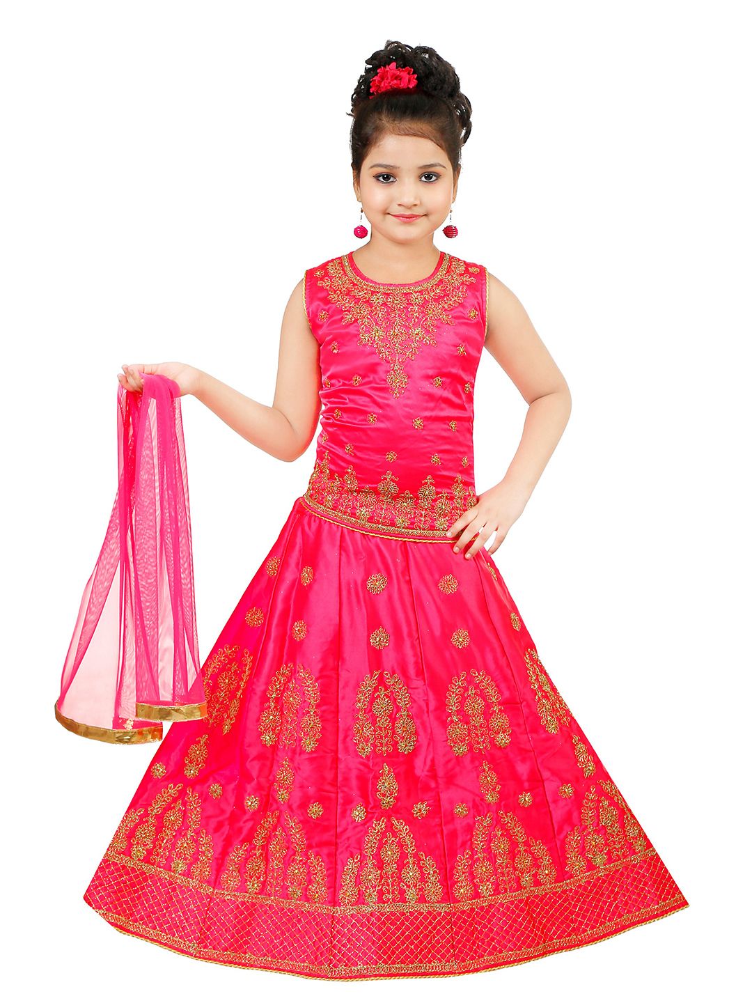 MRM CREATION Girls Pink & Gold-Toned Embroidered Ready to Wear Lehenga & Blouse With Dupatta