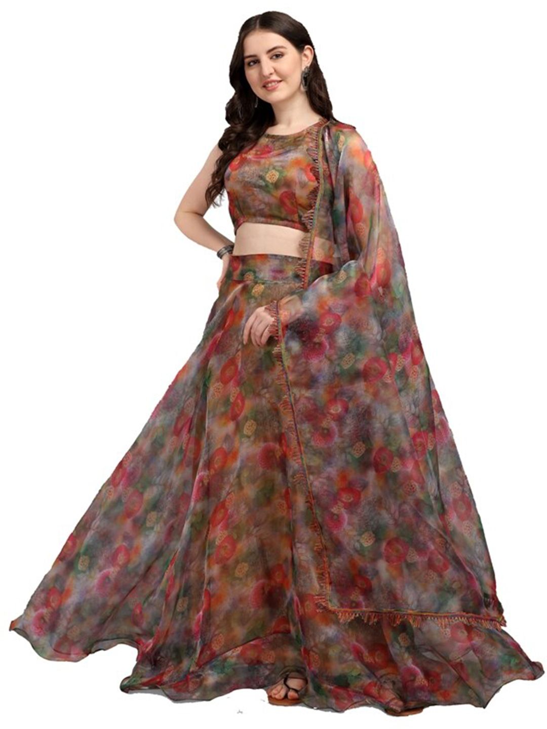 LOOKFIELD Grey & Red Printed Semi-Stitched Lehenga & Unstitched Blouse With Dupatta Price in India