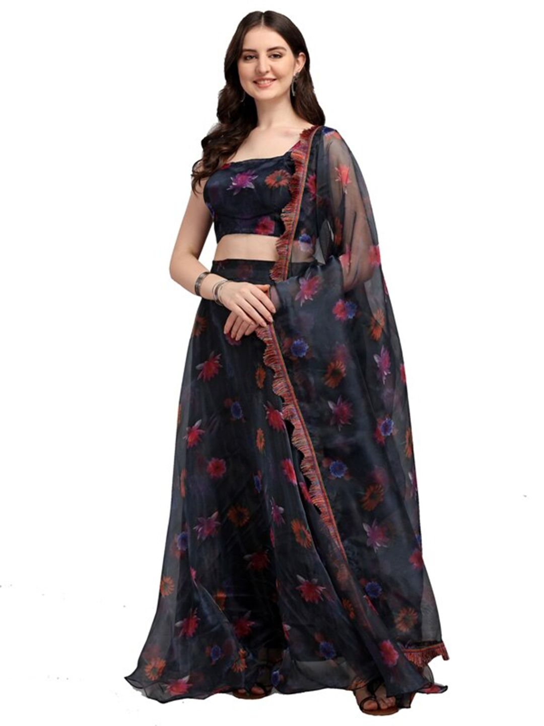 LOOKFIELD Black Printed Semi-Stitched Lehenga & Unstitched Blouse With Dupatta Price in India