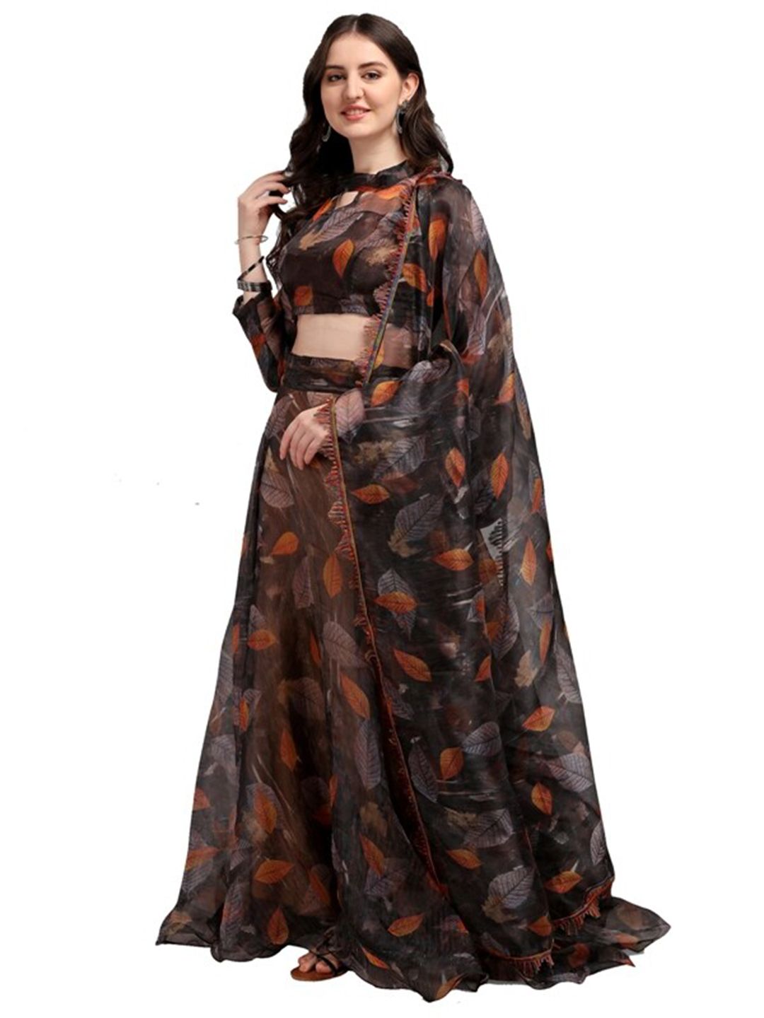 LOOKFIELD Brown & Orange Printed Foil Print Semi-Stitched Lehenga & Unstitched Blouse With Dupatta Price in India