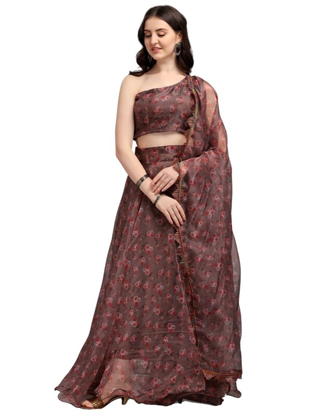 LOOKFIELD Grey & Red Printed Semi-Stitched Lehenga & Unstitched Blouse With Dupatta Price in India