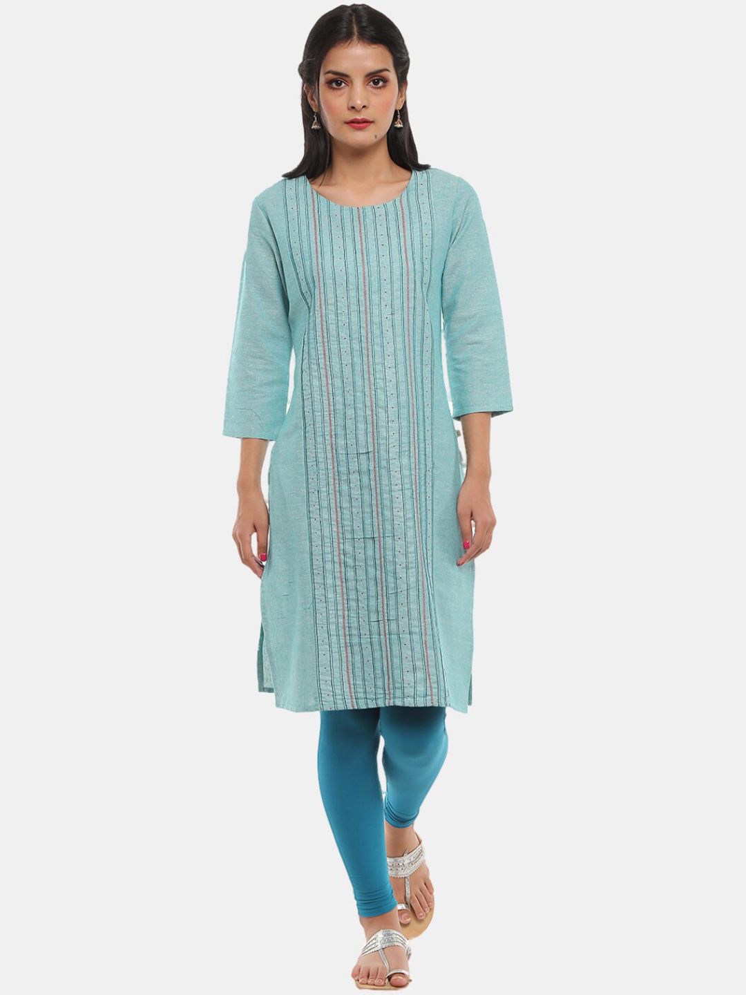 V-Mart Women Green Geometric Thread Work Kurta Price in India