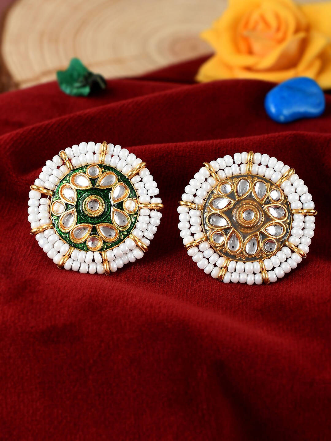 Silvermerc Designs Set Of 2 Gold-Plated Green & White Kundan-Studded & Pearl-Beaded Finger Ring Price in India