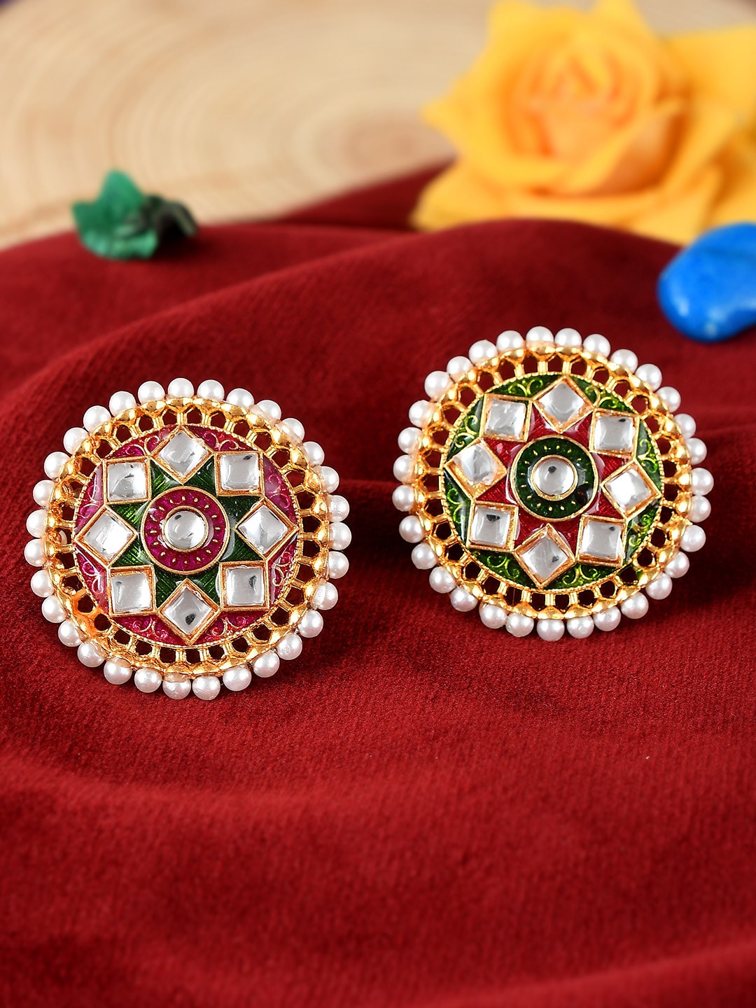 Silvermerc Designs Set Of 2 Gold-Plated & Pink Kundan Stone-Studded Finger Ring Price in India
