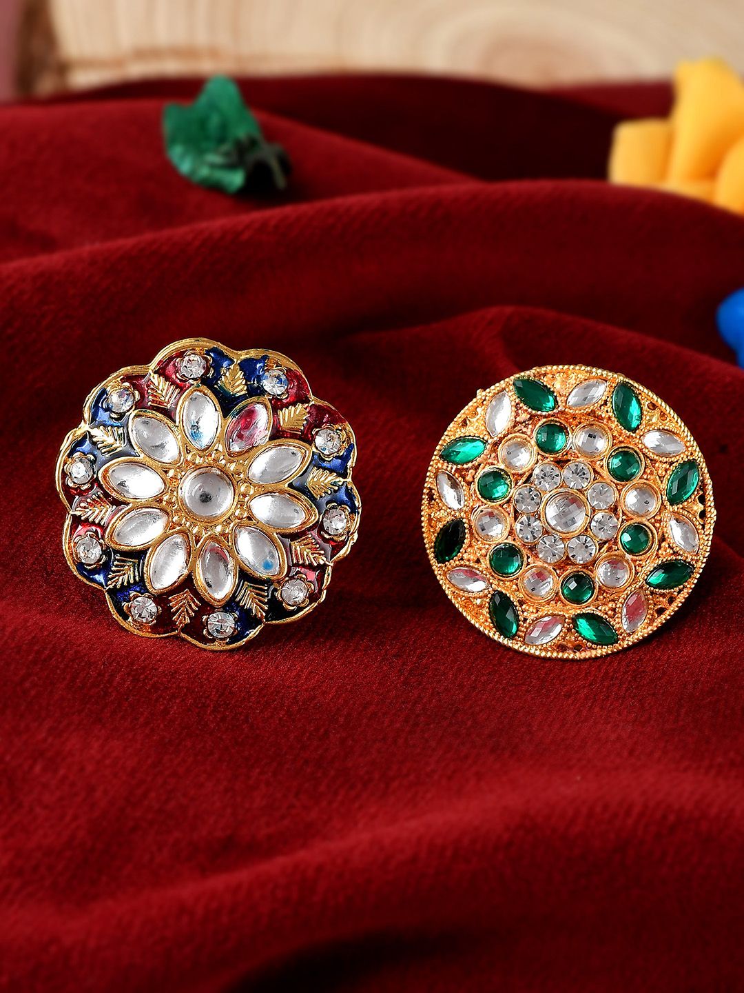 Silvermerc Designs Set Of 2 Gold-Plated & Kundan-Studded Meenakari Finger Rings Price in India