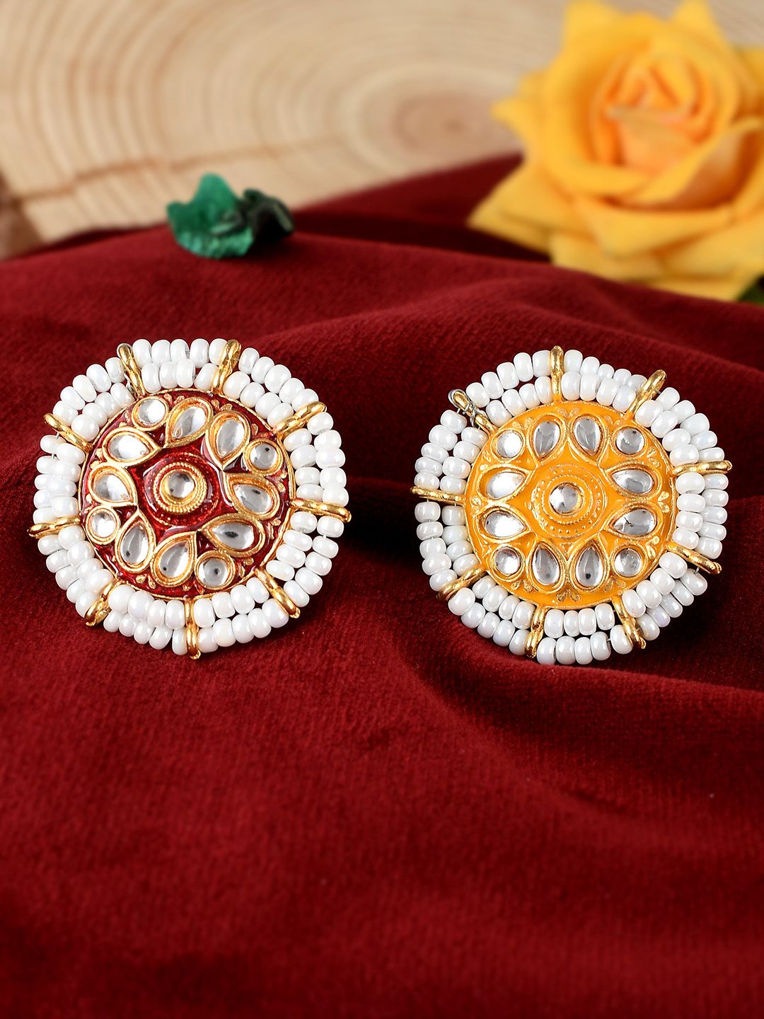 Silvermerc Designs Set Of 2 Gold-Plated White Kundan-Studded & Pearl Meenakari Finger Ring Price in India