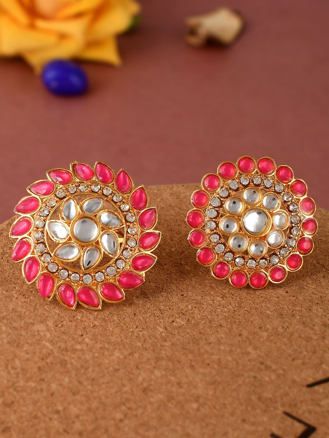 Silvermerc Designs Set Of 2 Gold-Plated Red & White Kundan-Studded Finger Rings Price in India