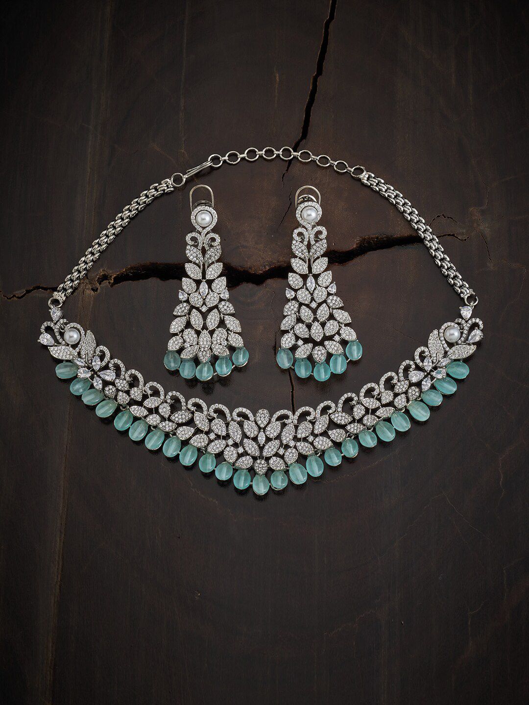 Kushal's Fashion Jewellery Sea Green & Rhodium Plated CZ Necklace Set Price in India