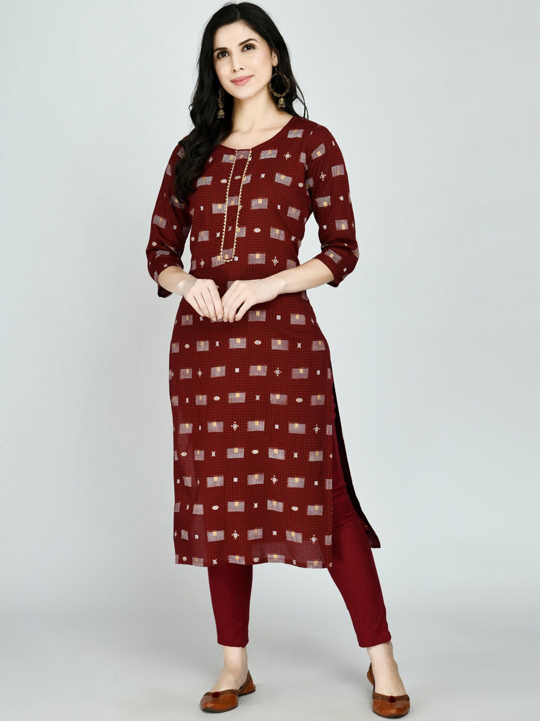 MAFE Women Maroon Ethnic Motifs Printed Kurti with Trousers Price in India