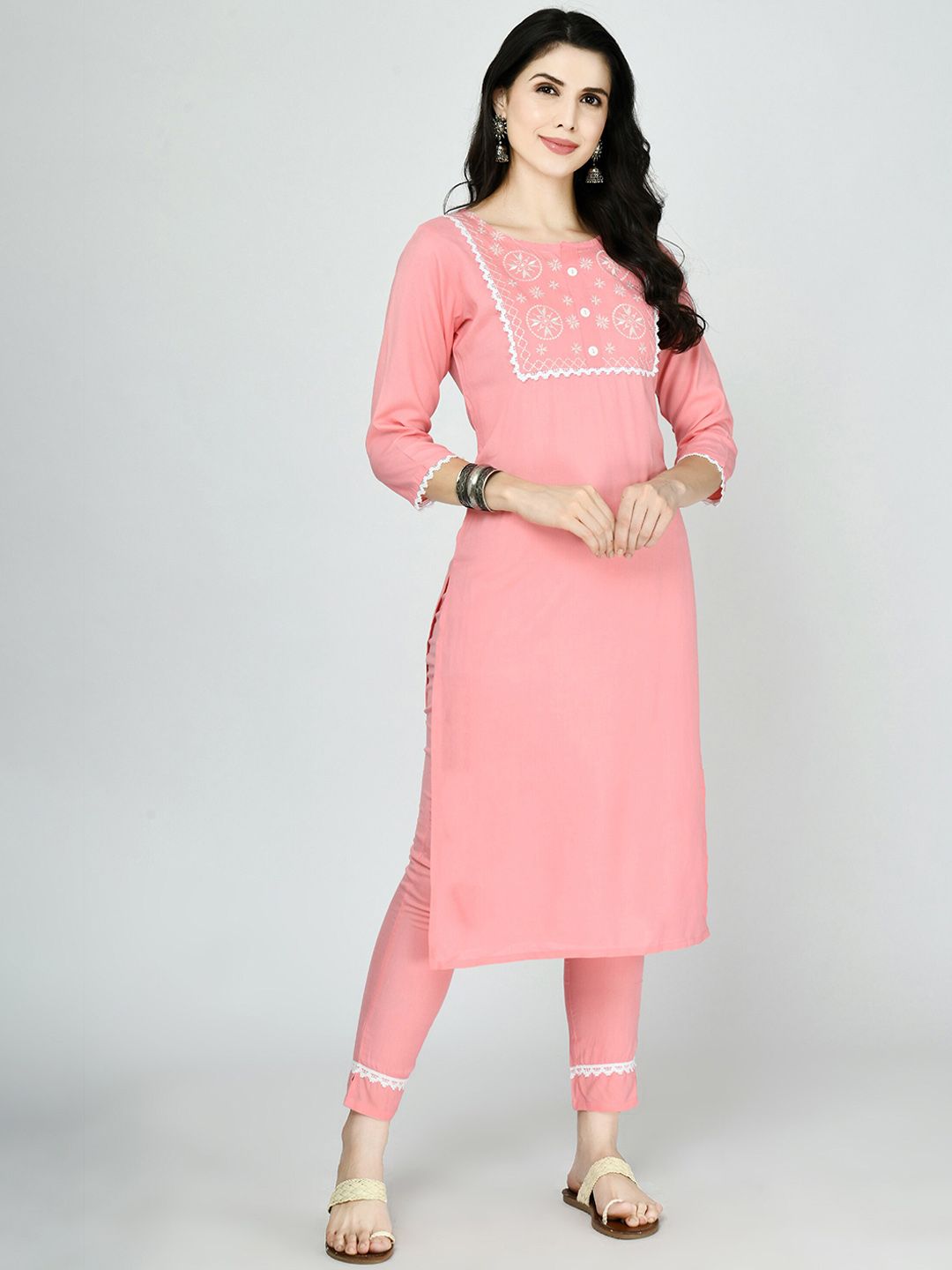 MAFE Women Peach-Coloured Yoke Design Pleated Kurti with Trousers Price in India