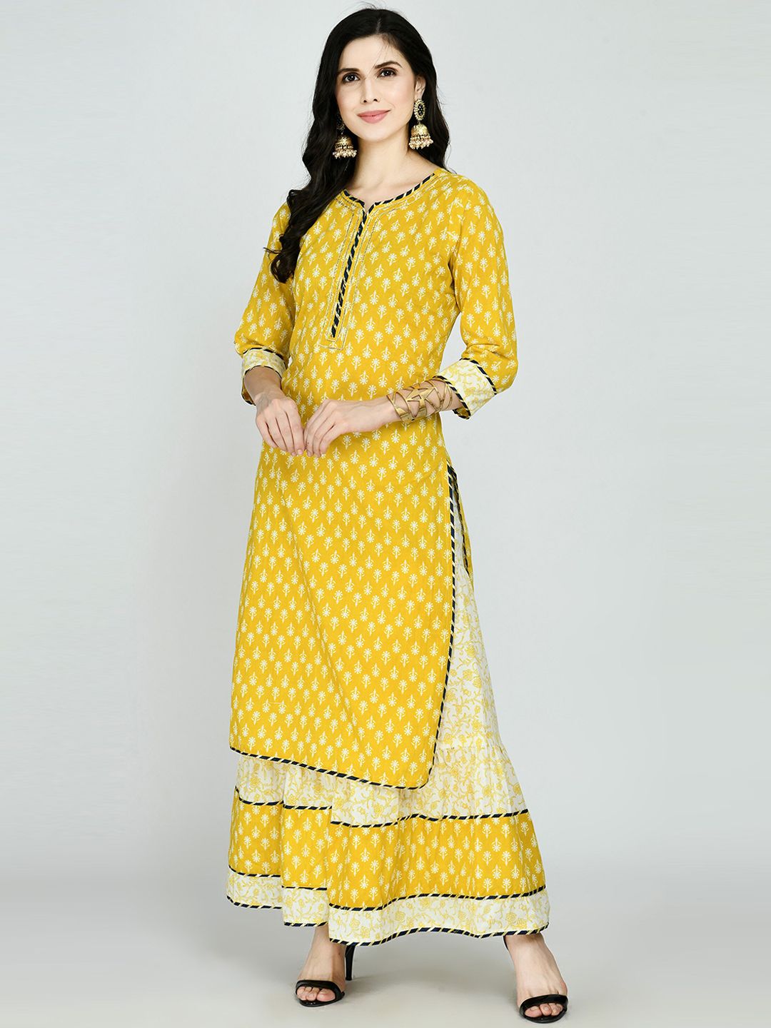 MAFE Women Yellow Ethnic Motifs Printed Layered Kurti with Skirt Price in India