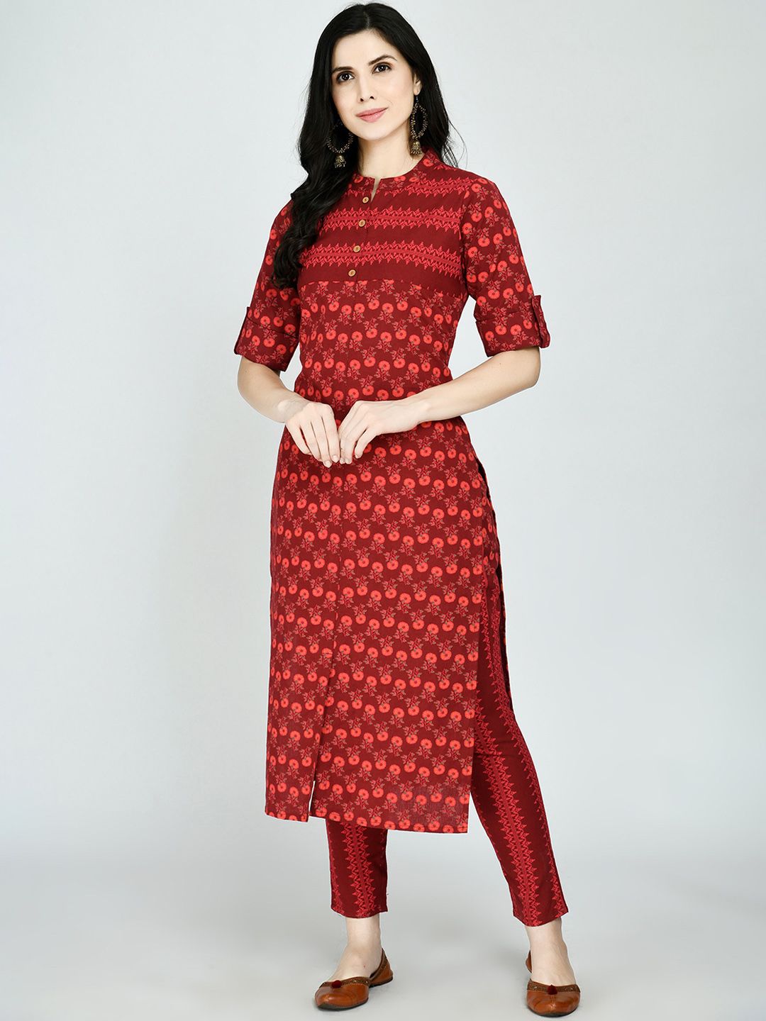 MAFE Women Maroon Floral Printed Kurta with Trousers Price in India