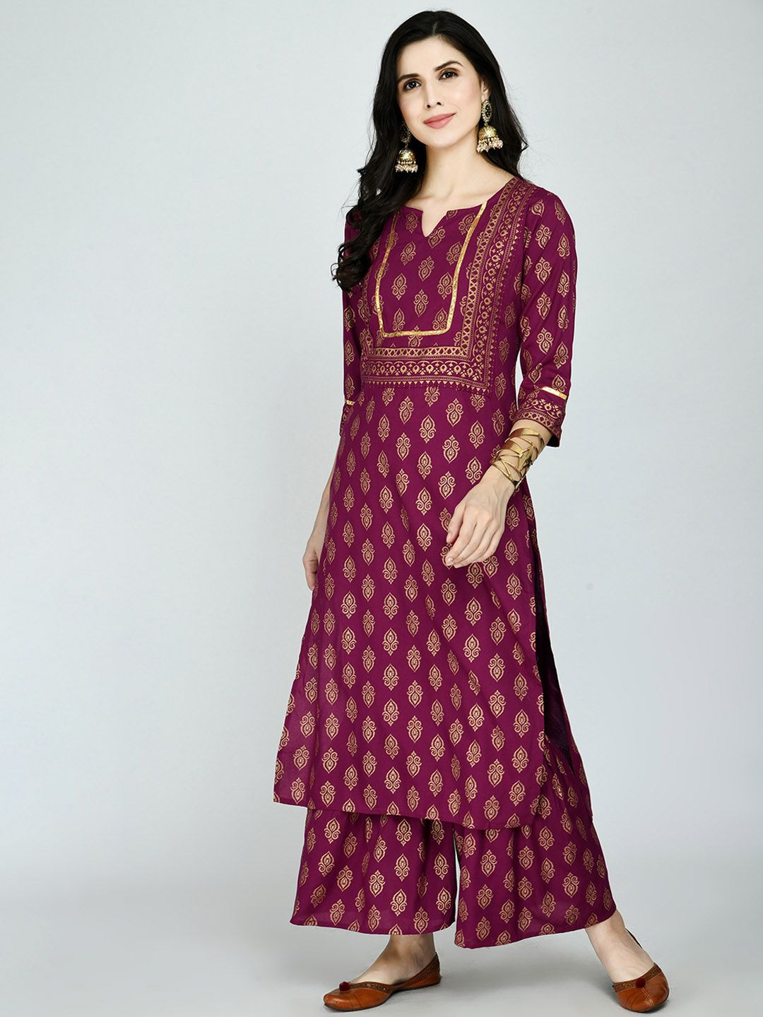 MAFE Women Purple Ethnic Motifs Printed Kurta with Palazzos Price in India