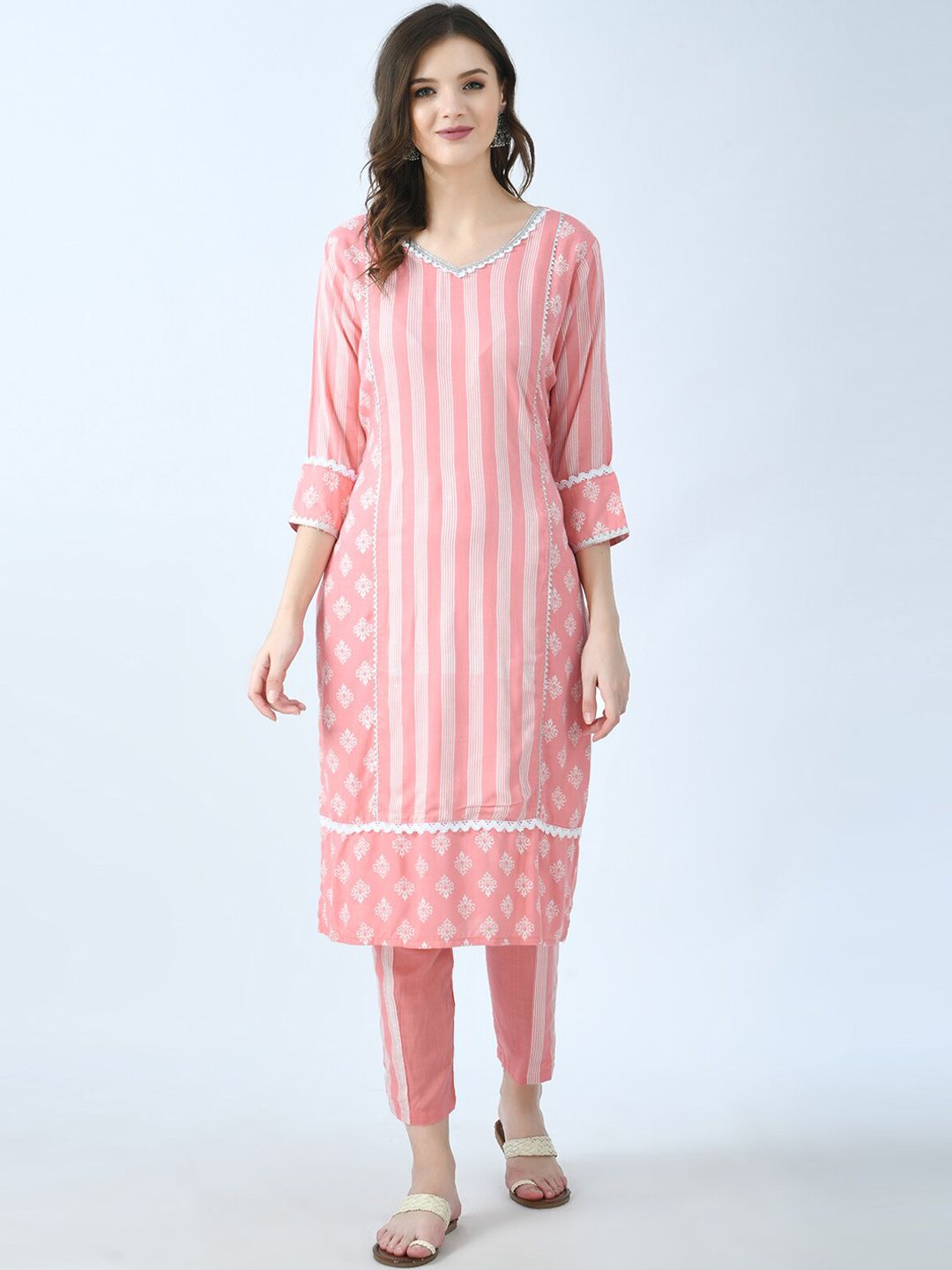 MAFE Women Peach-Coloured Ethnic Motifs Printed Kurta with Trousers Price in India