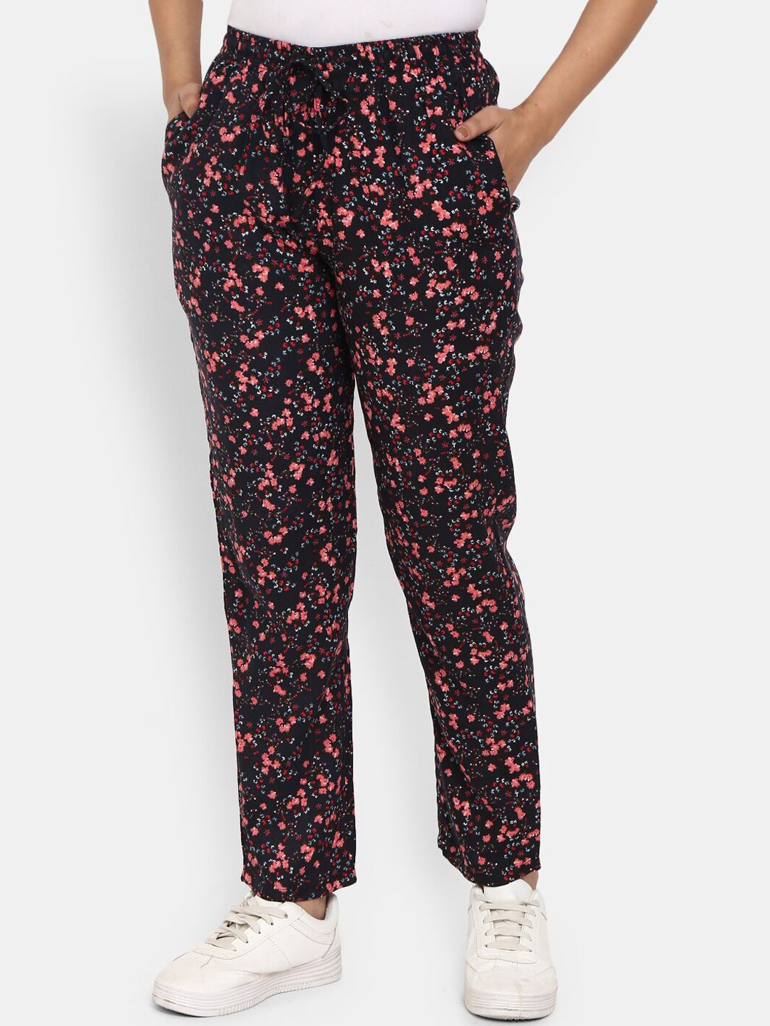 V-Mart Women Black & Peach-Coloured Printed Lounge Pants Price in India