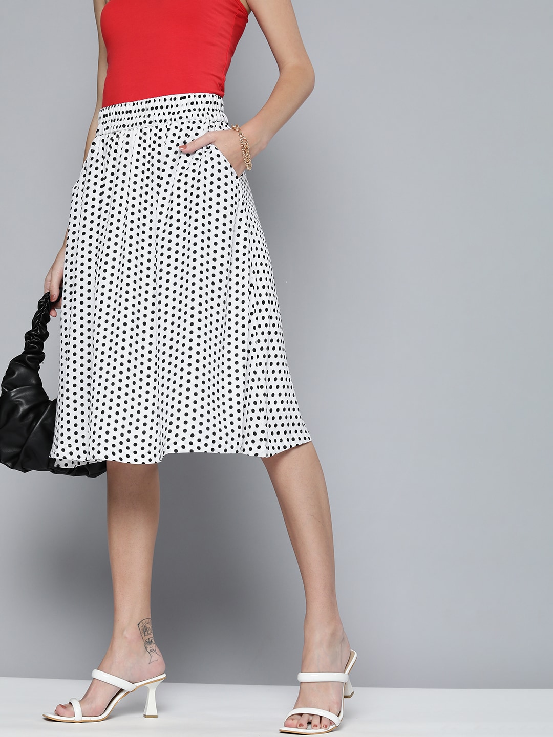 HERE&NOW Polka Dots Printed Flared Skirt With Gathered Detail Price in India