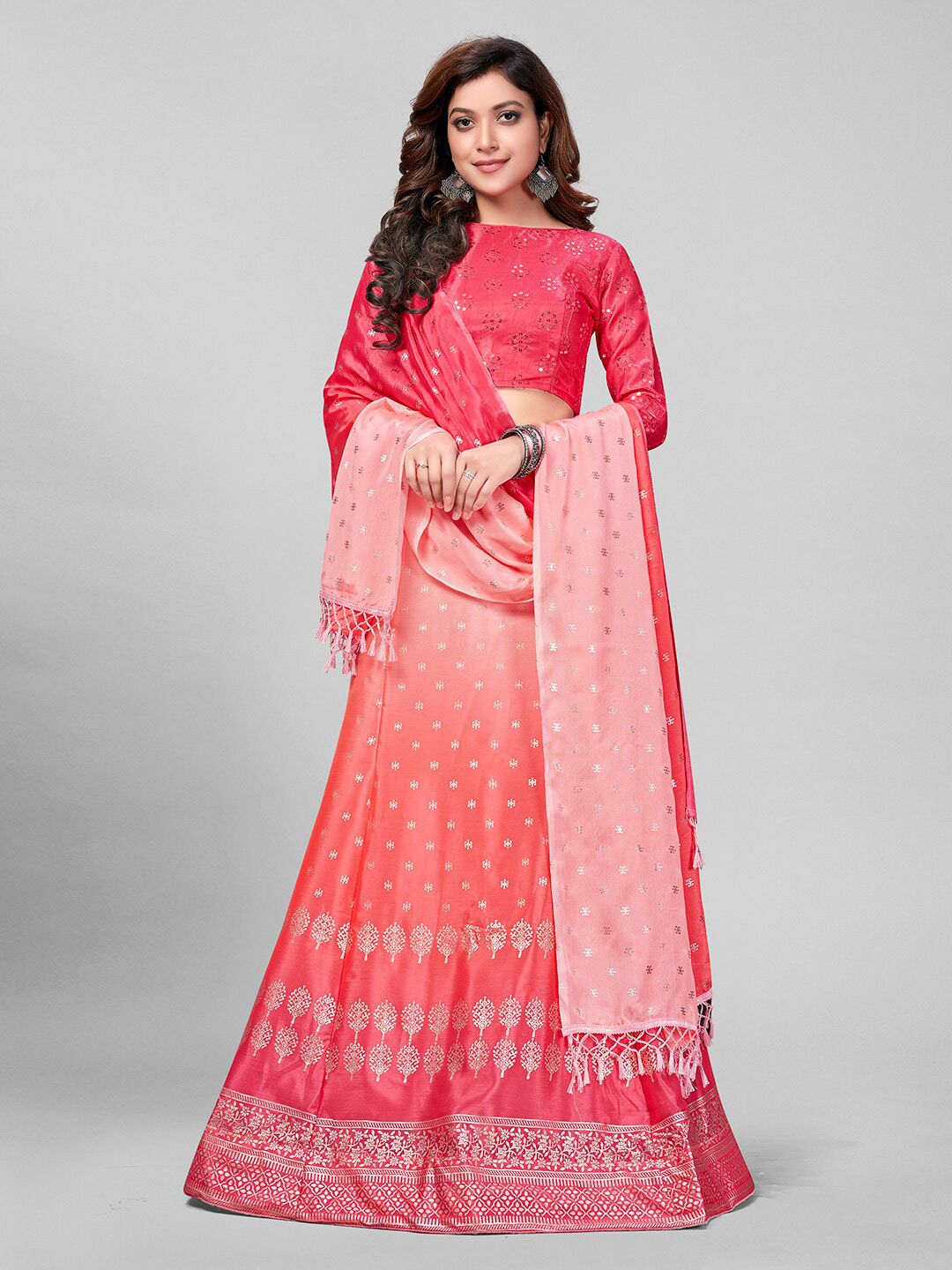 Mitera Pink & Gold-Toned Embroidered Semi-Stitched Lehenga & Unstitched Blouse With Dupatta Price in India