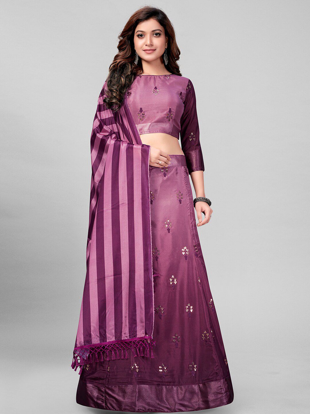 Mitera Purple Embroidered Sequinned Semi-Stitched Lehenga & Unstitched Blouse With Dupatta Price in India