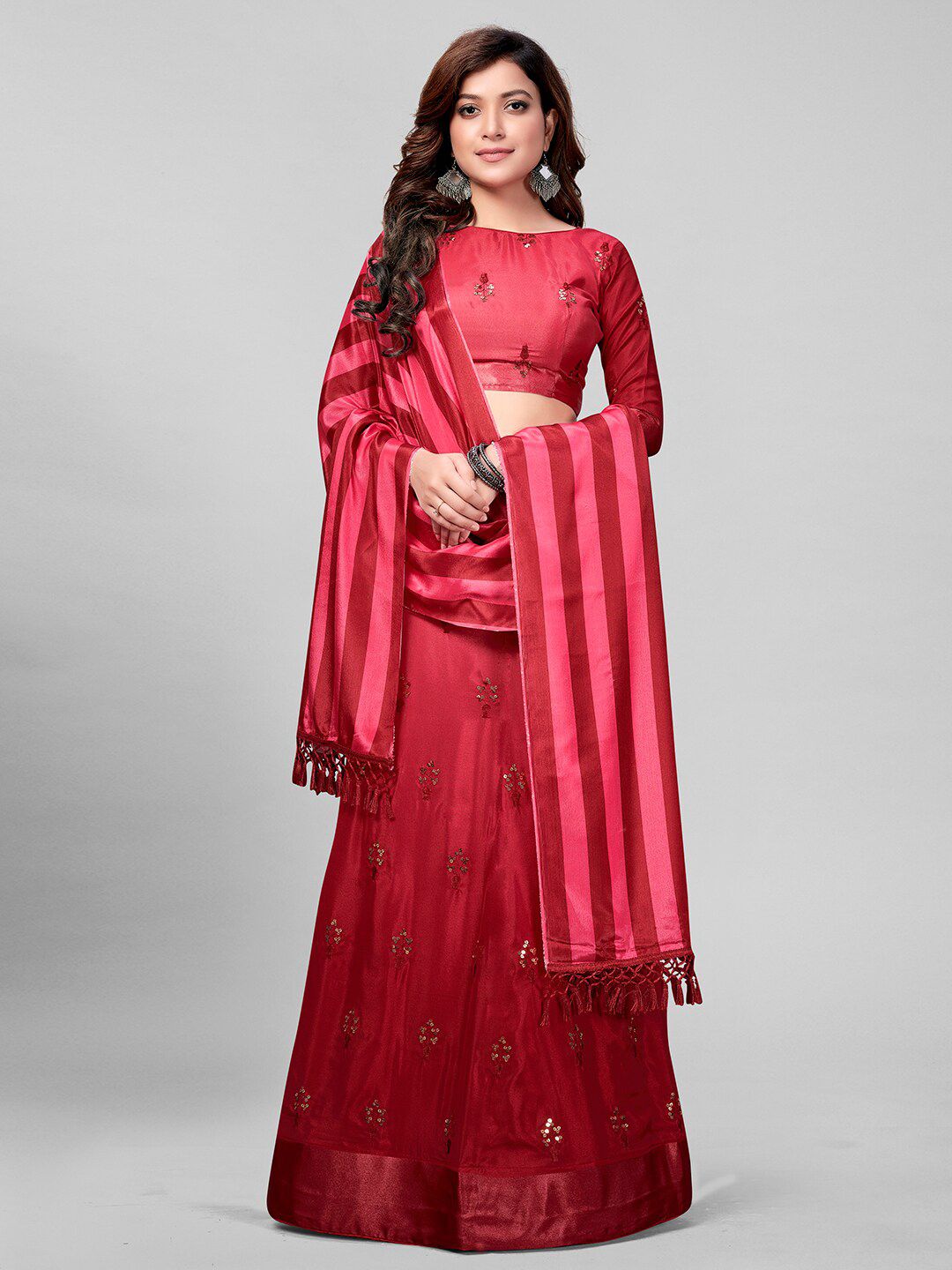 Mitera Red Embroidered Sequinned Semi-Stitched Lehenga & Unstitched Blouse With Dupatta Price in India
