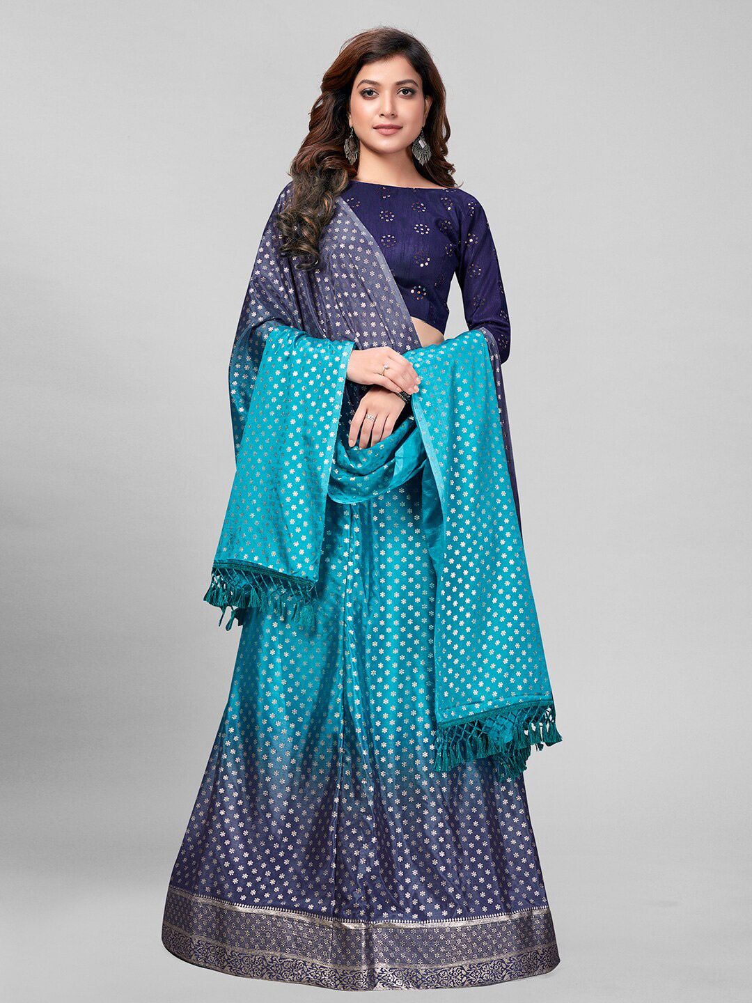 Mitera Blue & Gold-Toned Embroidered Semi-Stitched Lehenga & Unstitched Blouse With Dupatta Price in India