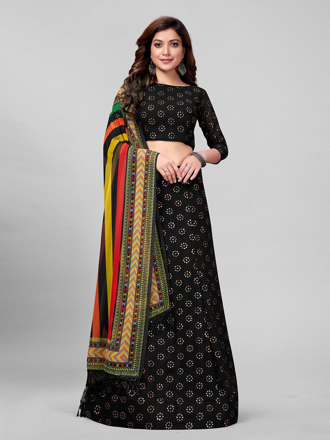 Mitera Black & Red Embroidered Sequinned Semi-Stitched Lehenga & Unstitched Blouse With Dupatta Price in India