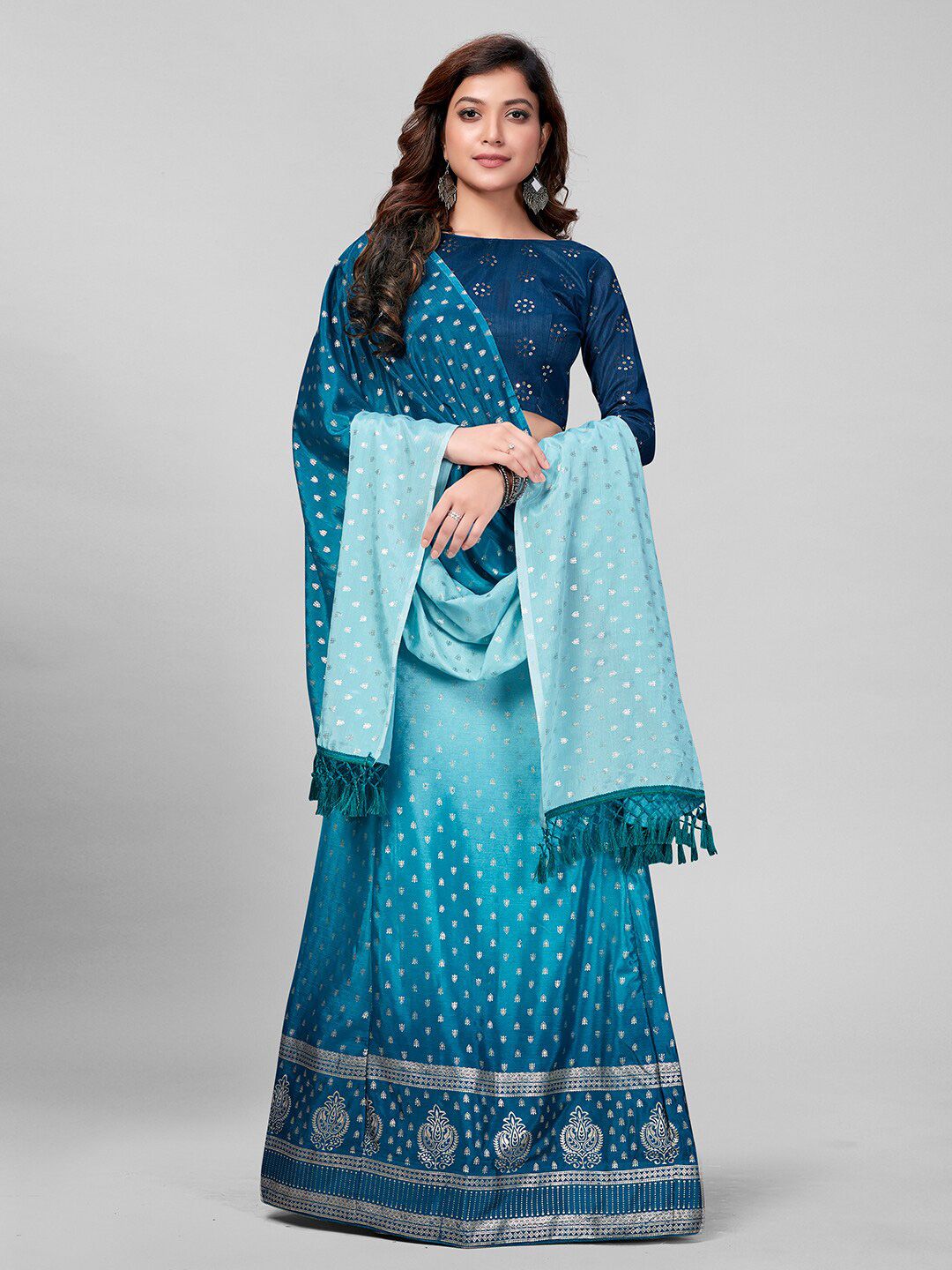 Mitera Turquoise Blue Embroidered Semi-Stitched Lehenga & Unstitched Blouse With Dupatta Price in India