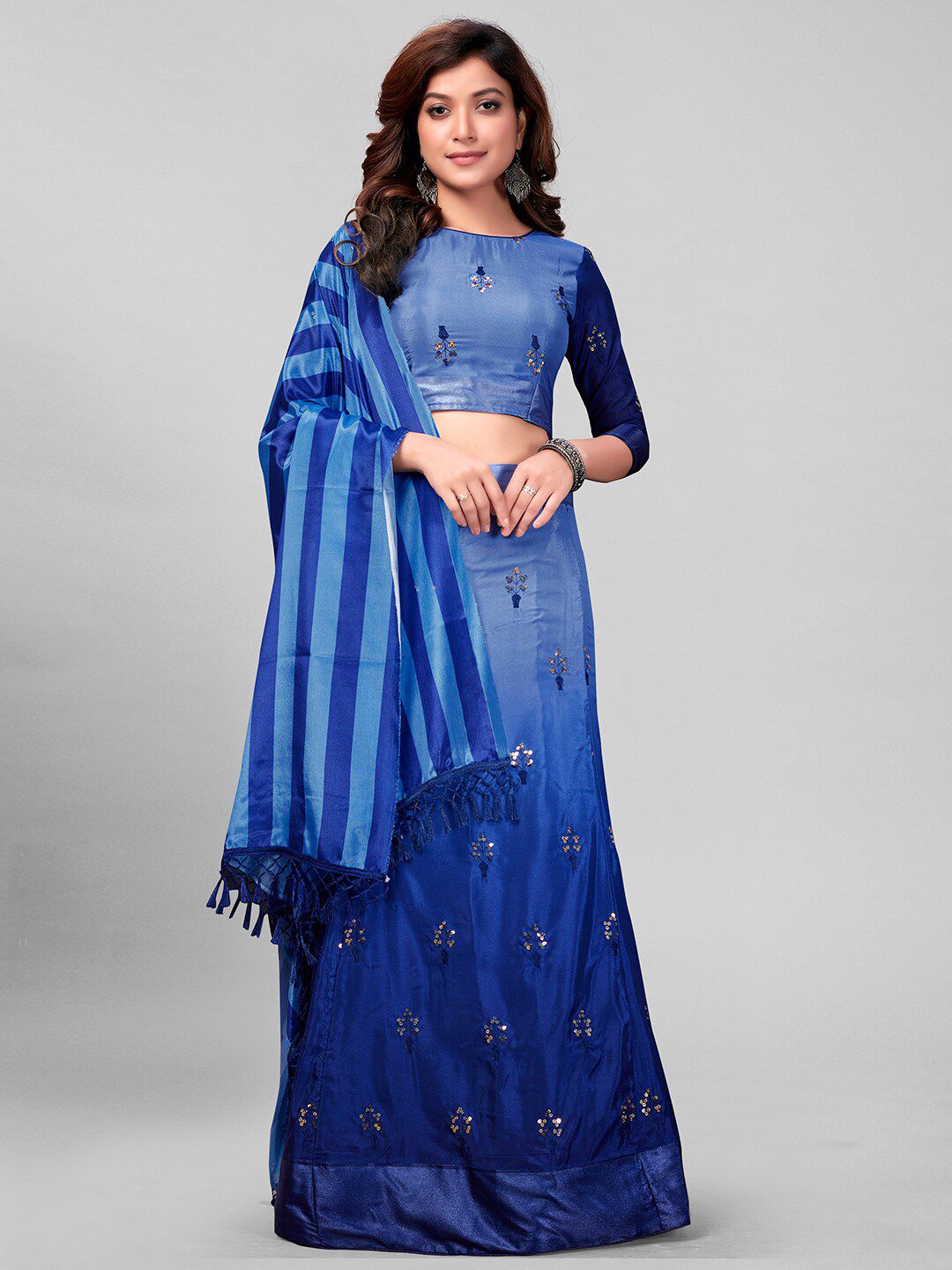 Mitera Blue Embroidered Sequinned Semi-Stitched Lehenga & Unstitched Blouse With Dupatta Price in India