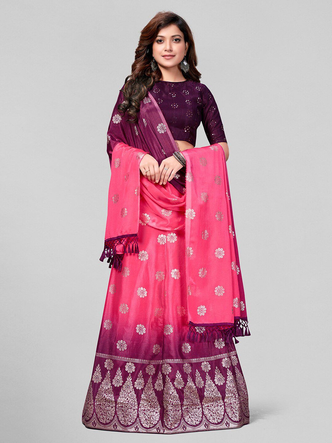 Mitera Pink & Purple Embroidered Semi-Stitched Lehenga & Unstitched Blouse With Dupatta Price in India
