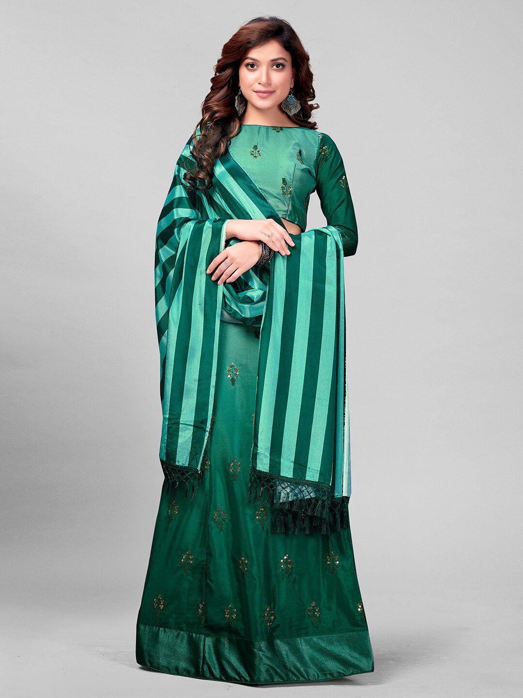 Mitera Green & Gold-Toned Embroidered Sequinned Semi-Stitched Lehenga & Unstitched Blouse With Dupatta Price in India