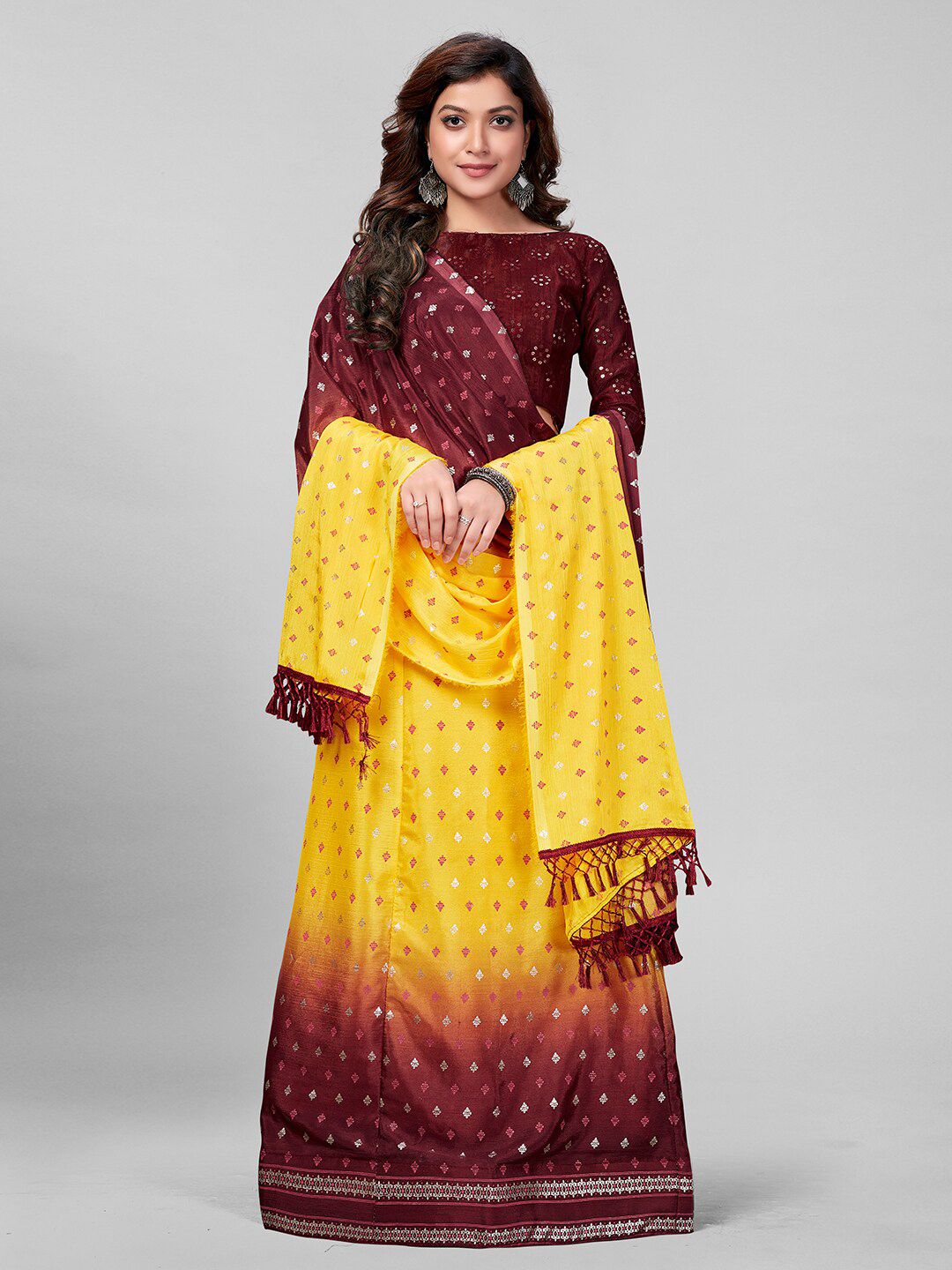 Mitera Yellow & Brown Embroidered Semi-Stitched Lehenga & Unstitched Blouse With Dupatta Price in India