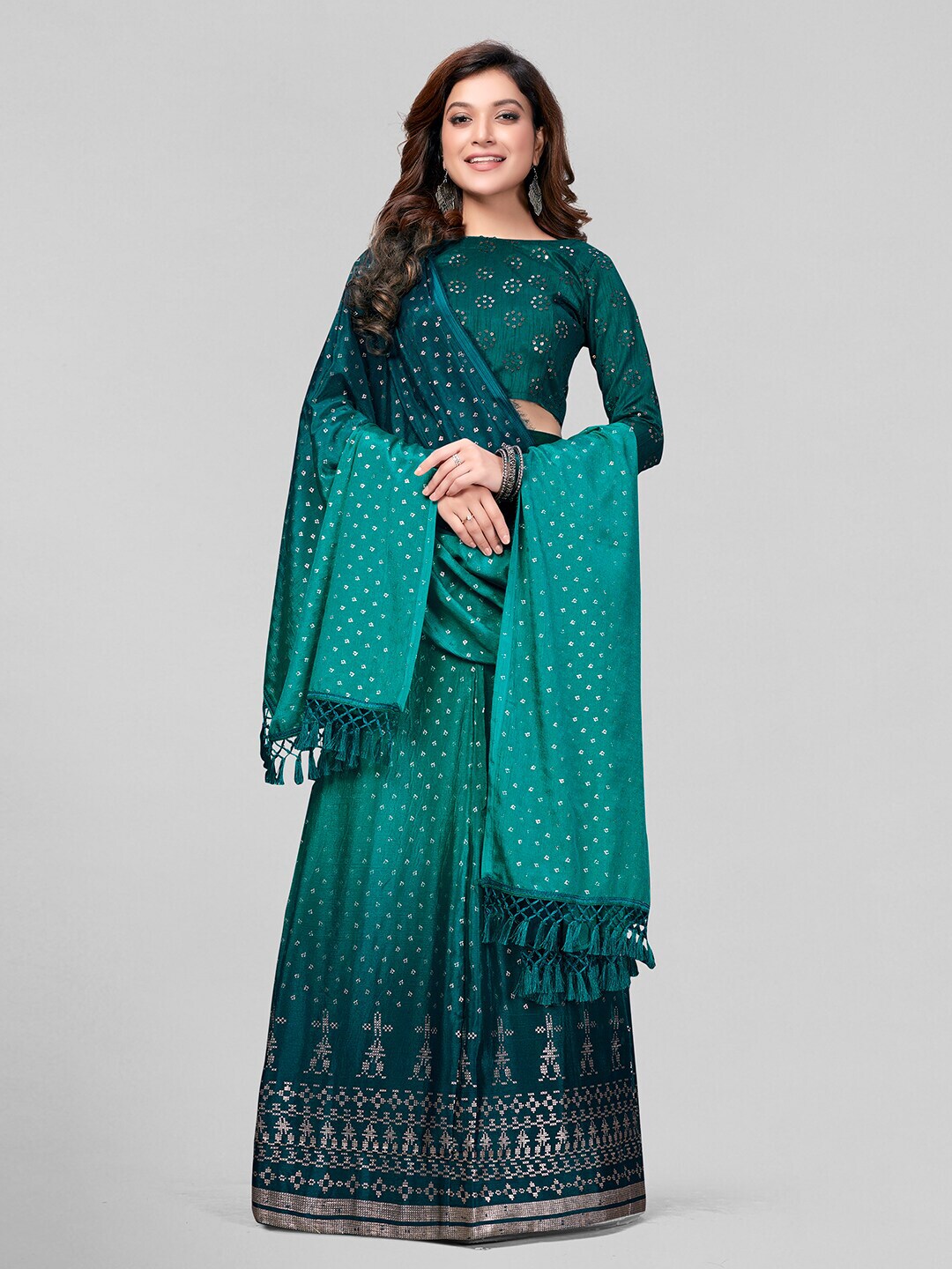 Mitera Green & Gold-Toned Embroidered Semi-Stitched Lehenga & Unstitched Blouse With Dupatta Price in India