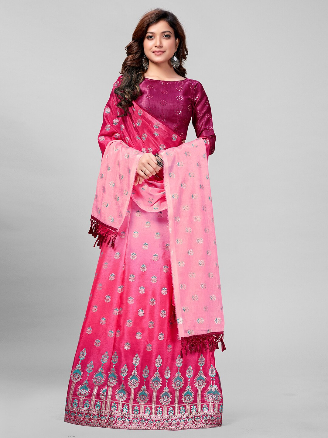 Mitera Peach-Coloured & Silver-Toned Embroidered Semi-Stitched Lehenga & Unstitched Blouse With Dupatta Price in India
