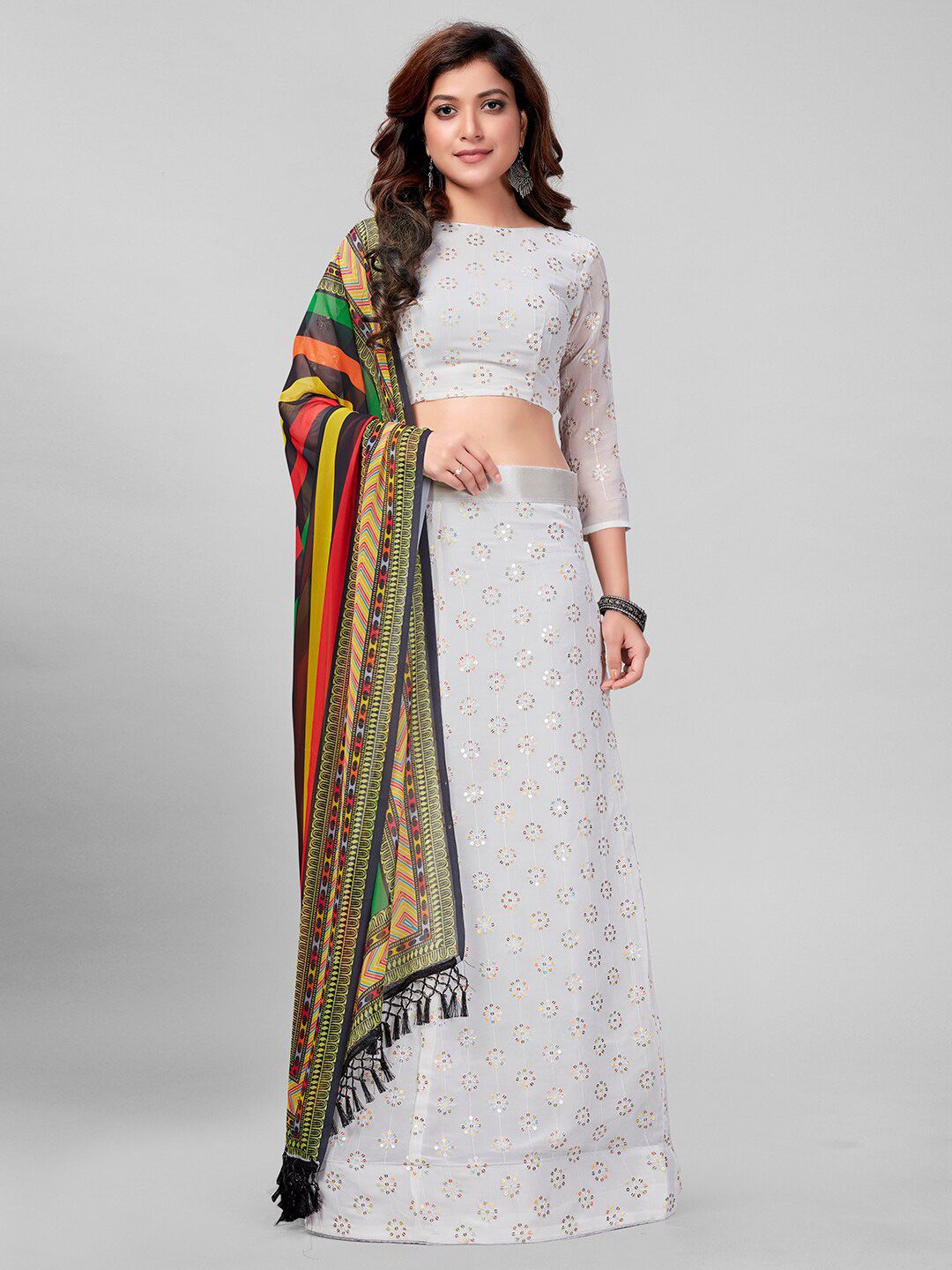 Mitera White & Green Embroidered Sequinned Semi-Stitched Lehenga & Unstitched Blouse With Dupatta Price in India