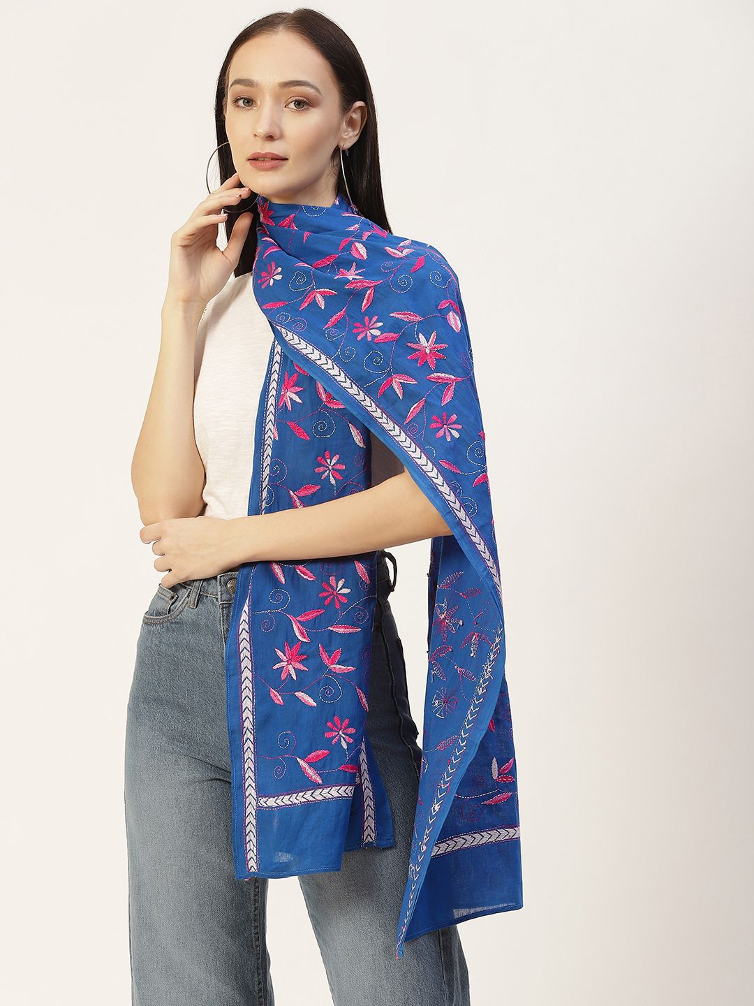 ArtEastri Women Blue & Pink Kantha Embroidered Pure Cotton Stole Price in India