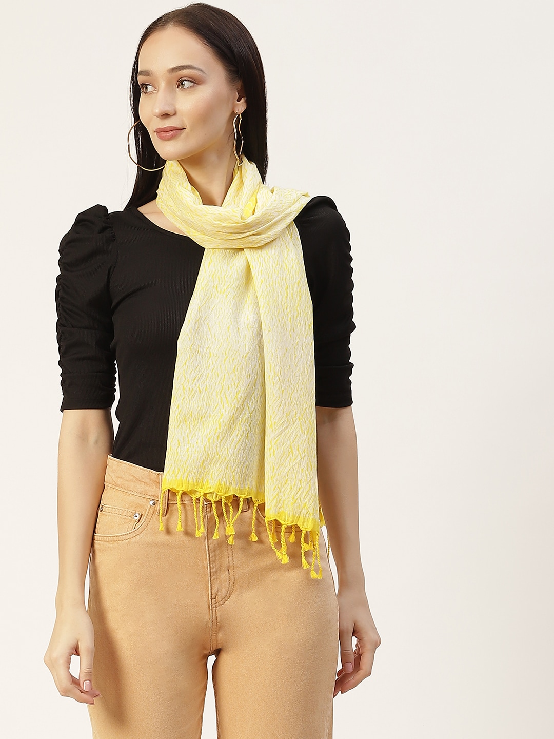 ArtEastri Women Yellow & Cream-Coloured Woven Shibori Cotton Stole Price in India