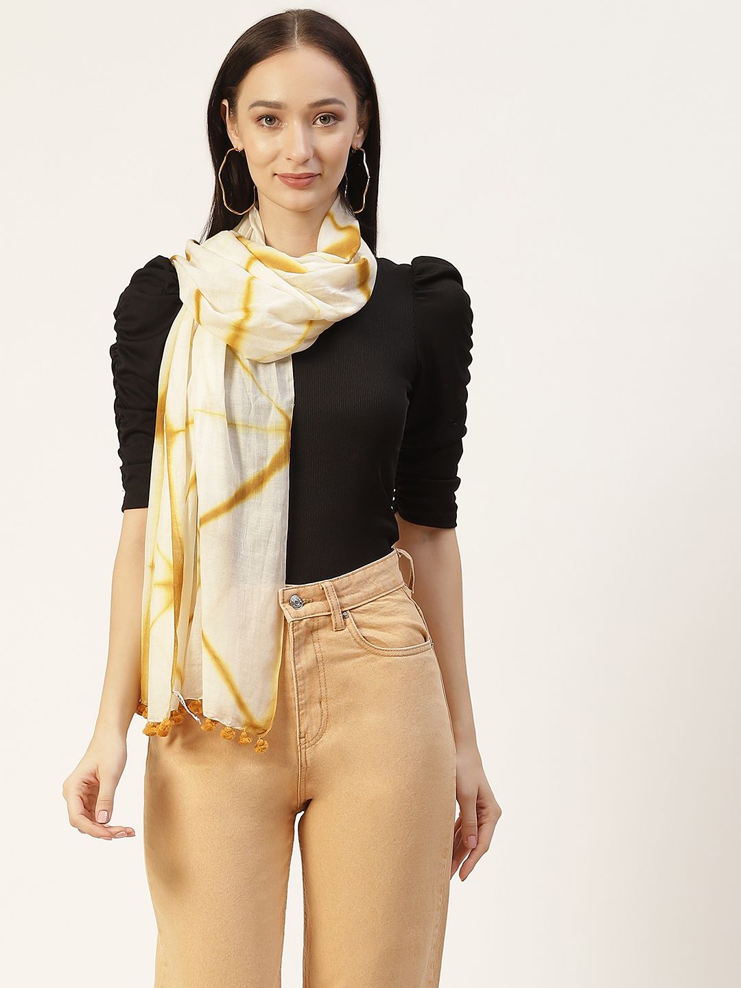 ArtEastri Women Cream-Coloured & Mustard Yellow  Silk Cotton Tie & Dye Shibori Stole Price in India