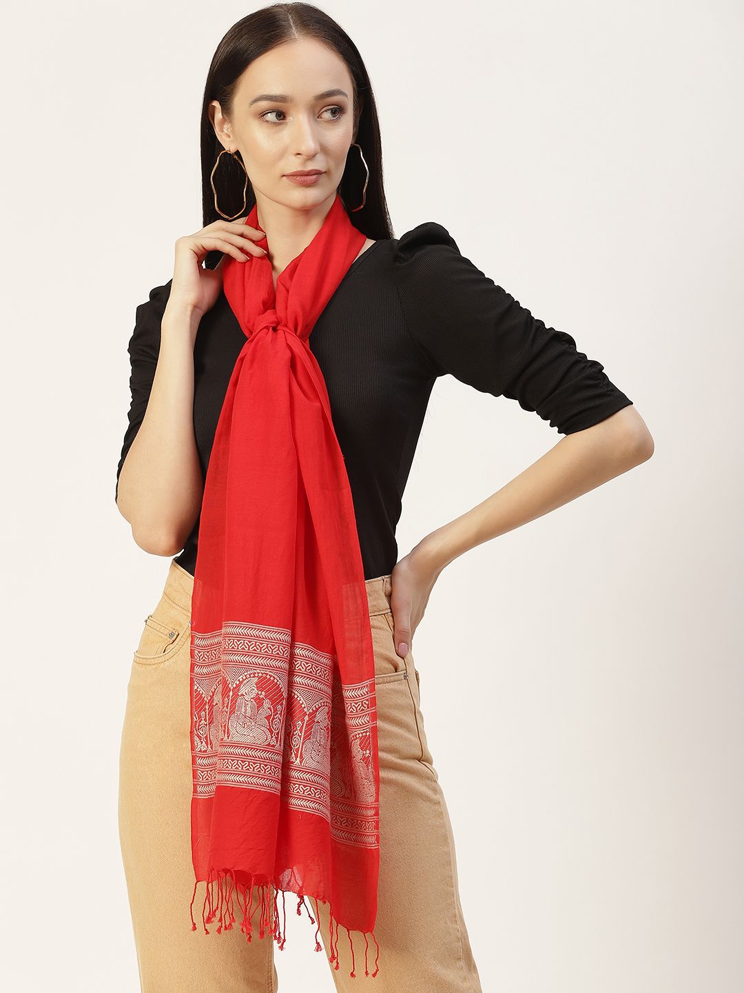 ArtEastri Women Red Ethnic Motifs Woven Design Pure Cotton Baluchari Stole Price in India