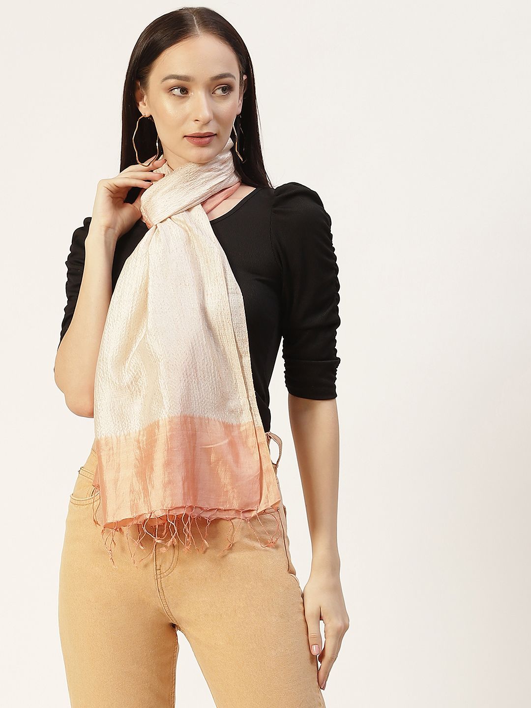 ArtEastri Women Cream-Coloured & Orange Woven Shibori Pure Silk Stole Price in India