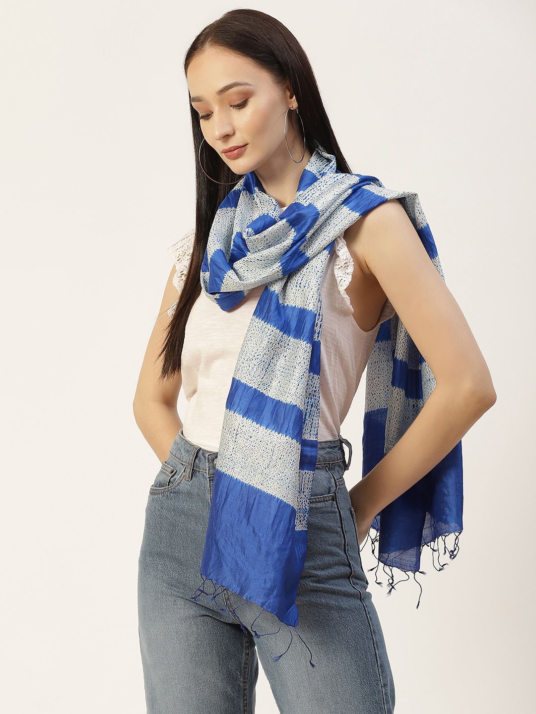 ArtEastri Women Blue & White Woven Shibori Pure Silk Stole Price in India