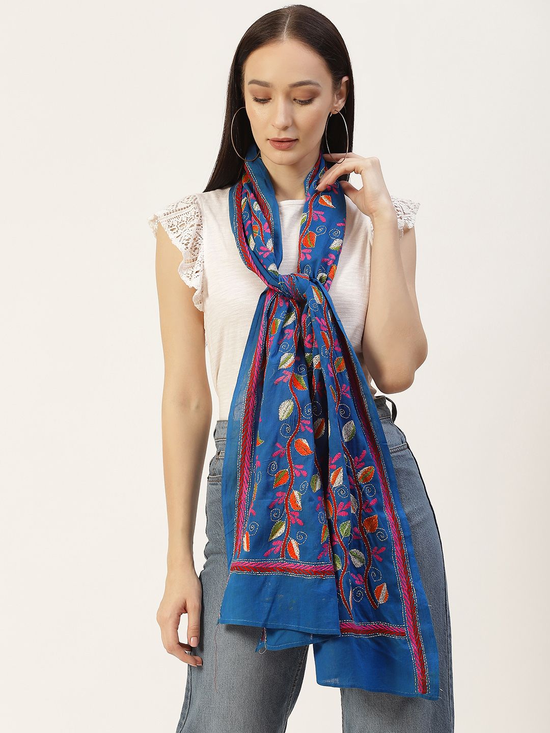 ArtEastri Women Blue & Orange Embroidered Cotton Kantha Stole Price in India