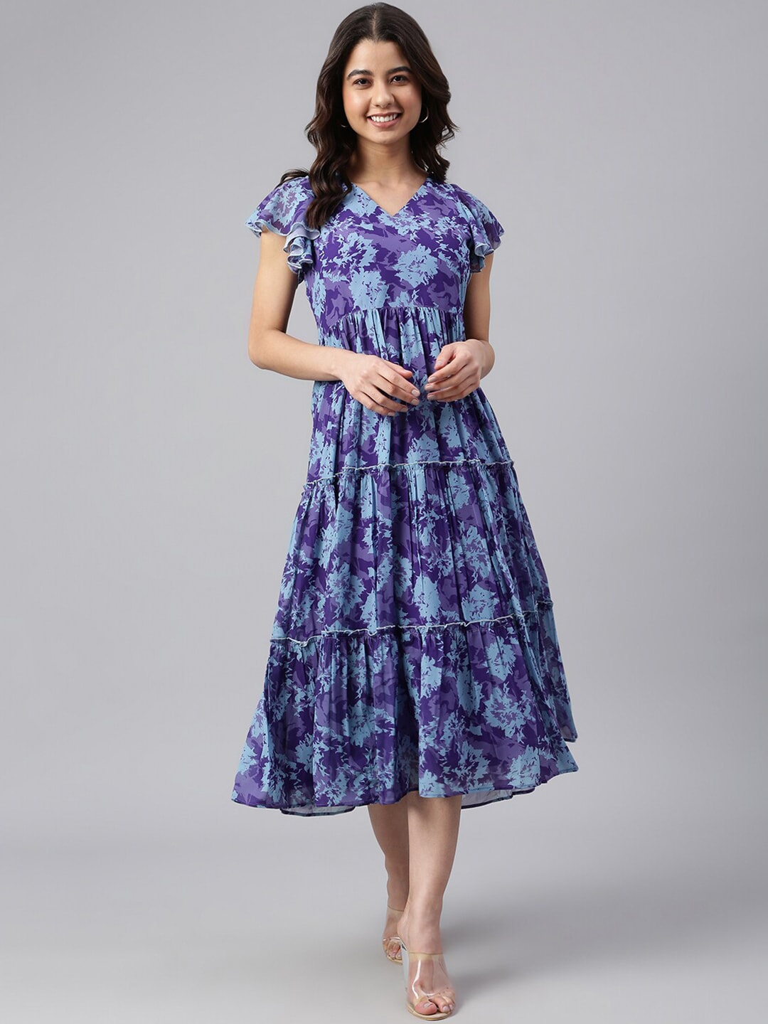 Janasya Blue & russian violet Floral Print Puff Sleeve A-Line Midi Dress Price in India